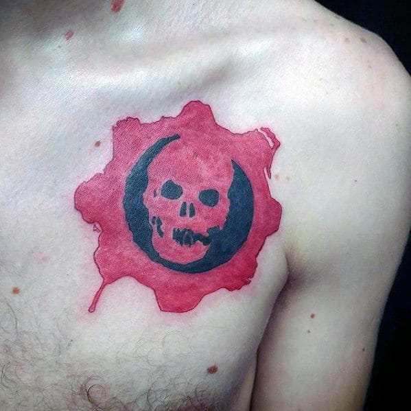 Black And Red Gears Of War Male Chest Tattoos