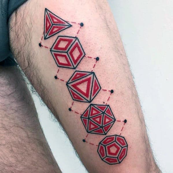 Black And Red Ink 3d Shapes Simple Geometric Mens Thigh Tattoo