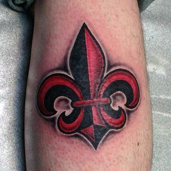 Black And Red Ink Fleur De Lis Mens Arm Tattoos