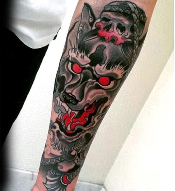 Black And Red Ink Guys Wolf Forearm Tattoos