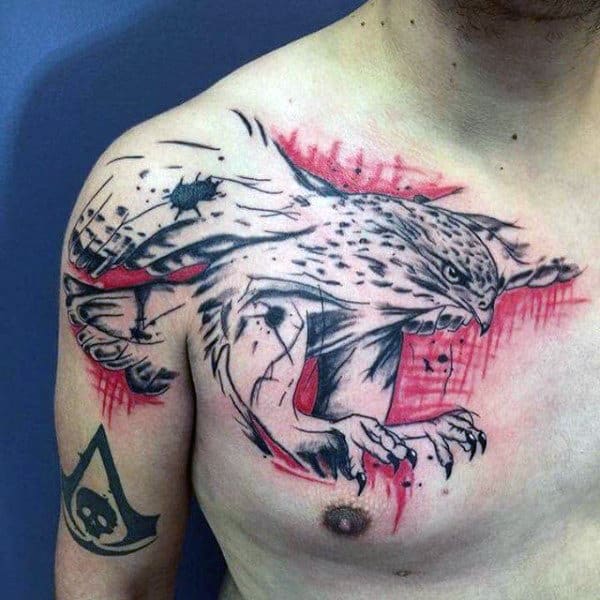 Black And Red Ink Hawk Trash Polka Chest Tattoos For Men