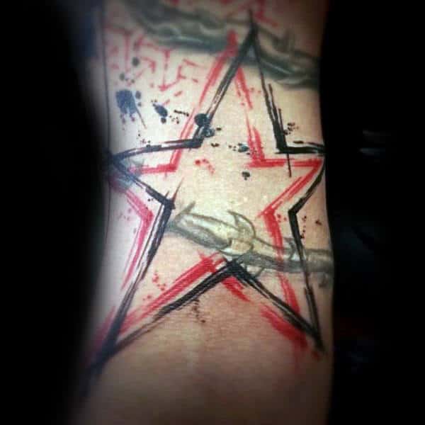 Black And Red Ink Outline Guys Trash Polka Star Tattoos
