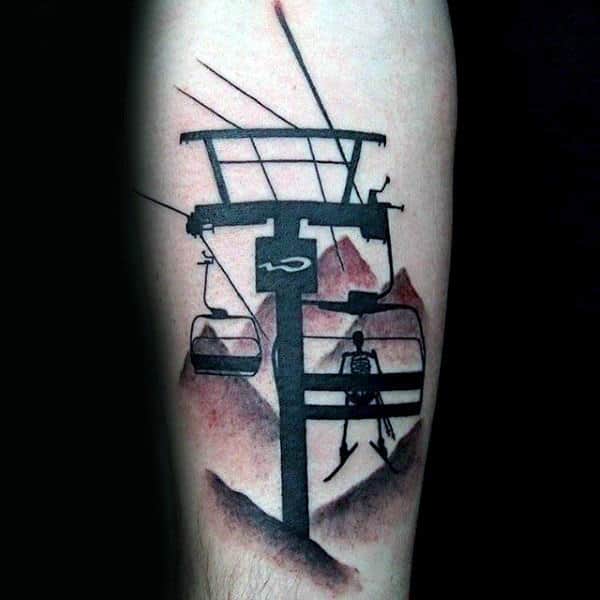 Black And Red Ink Skeleton On Chair Lift Guys Skiing Tattoo