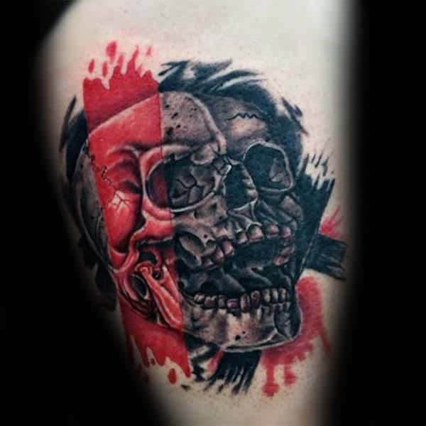 Black And Red Ink Skull Trash Polka Tattoo On Gentleman