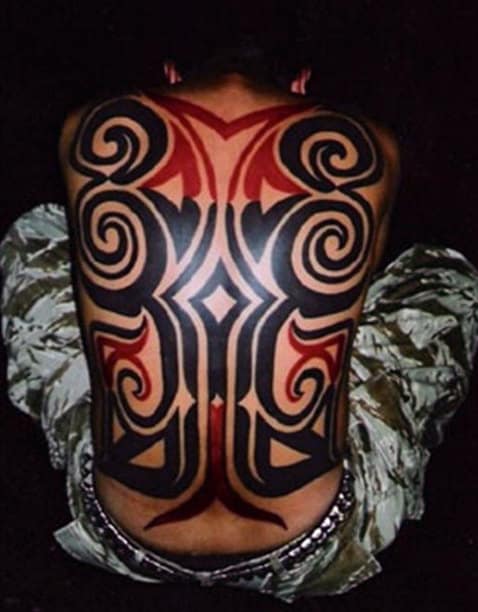 Black And Red Ink Tribal Male Back Tattoo Design Ideas