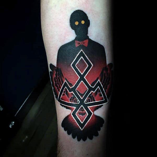 Black And Red Ink Twin Peaks Inner Forearm Tattoo For Males