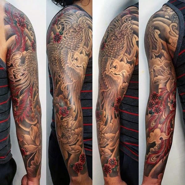 Black And Red Japanese Phoenix Sleeve Tattoo Ideas For Men