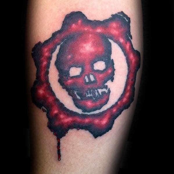 Black And Red Male Gears Of War Skull Inner Forearm Tattoo