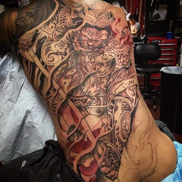 Black And Red Male Monkey King Tattoo Design On Back