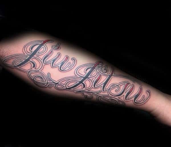 Black And Red Ornate Jiu Jitsu Guys Script Outer Forearm Tattoos