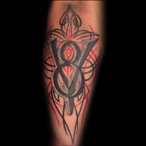 Black And Red Pinstripe With V8 Male Leg Tattoos