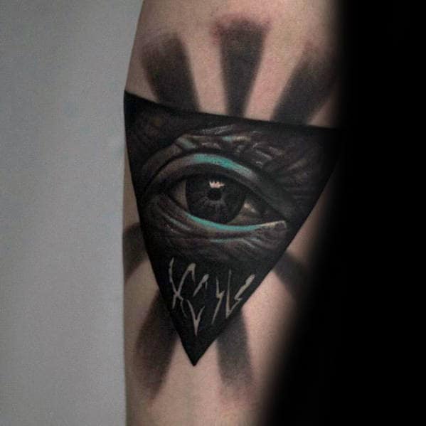 Black And Teal Shaded Eye Of Providence Mens Inner Forearm Tattoo