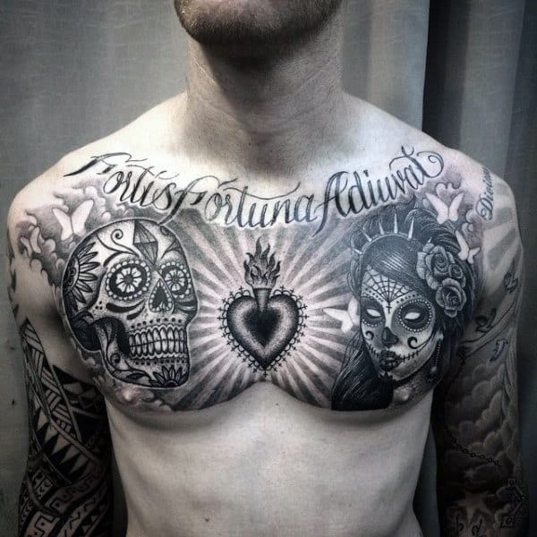Black And White Guys Sugar Skull Tattoo On Upper Chest