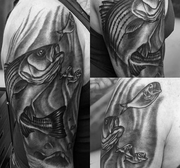 Black And White Half Sleeve Dark Bass Swimming Tattoo On Man
