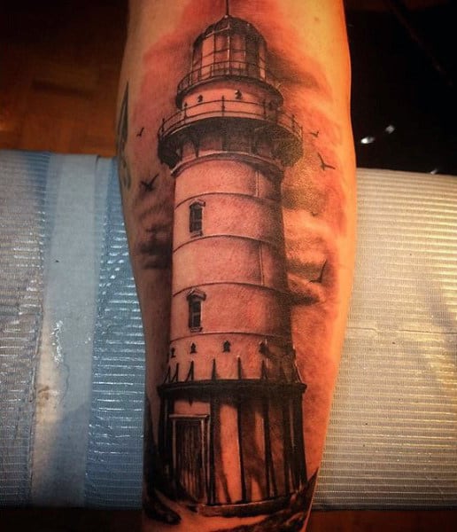 Black And White Ink Lighthouse Tatoo For Men