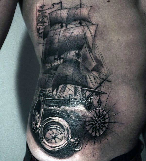Black And White Ink Mens Nautical Sailing Ship Rib Cage Side Attoo