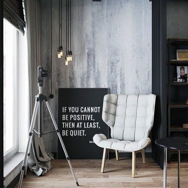 Black and white quote art saying "If you cannot be positive, then at least, be quiet" in a modern room setup.