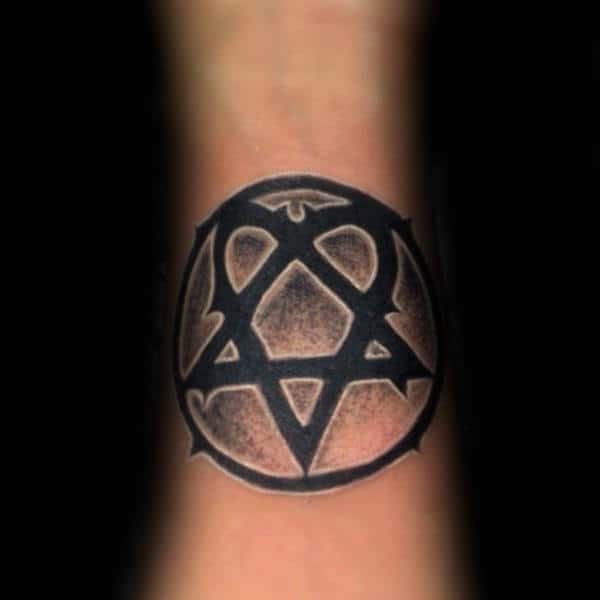 Black And White Ink Shaded Heartagram Tattoos For Guys On Inner Forearms
