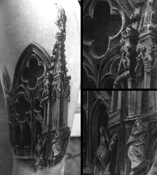 Black And White Ink Shaded Stained Glass Mens Church Windows Tattoo