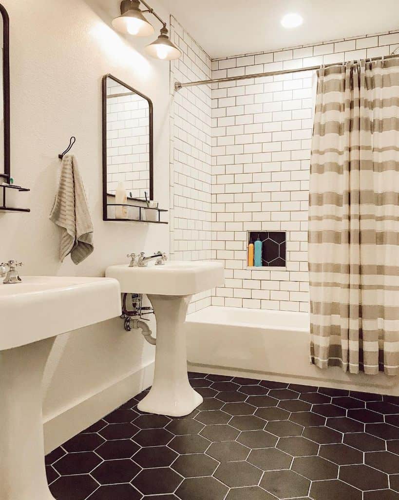 kids' bathroom ideas black and white tiles dual sinks
