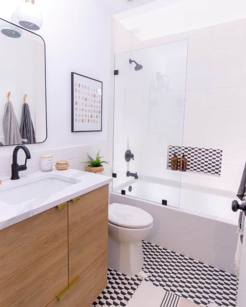 black and white floor tile modern bathroom wood vanity