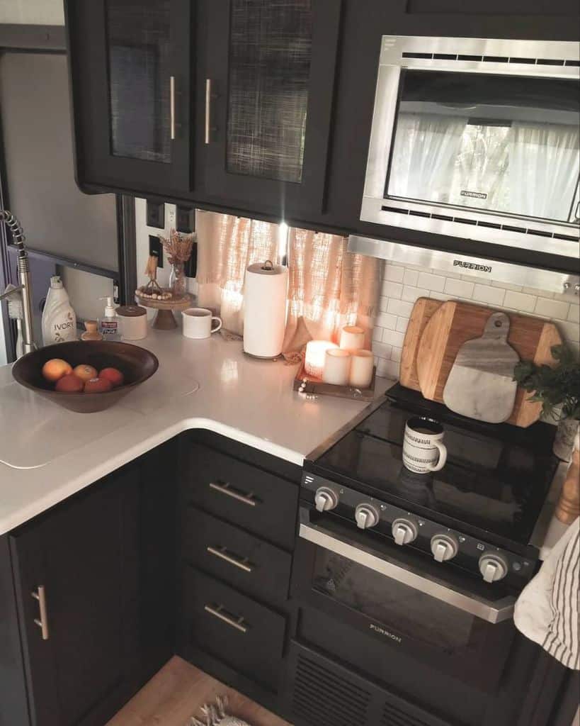 small black and white kitchenette