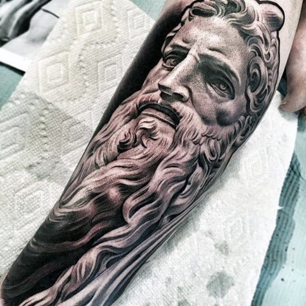 Black And White Large Bearded God Tattoo Male Forearms