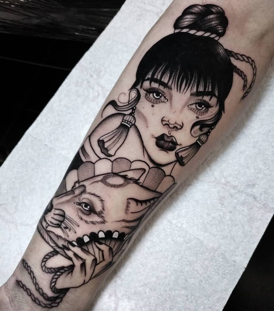 Intricate black and white Okami tattoo featuring a mysterious woman with tassel earrings holding a detailed wolf mask, blending elegance and mysticism