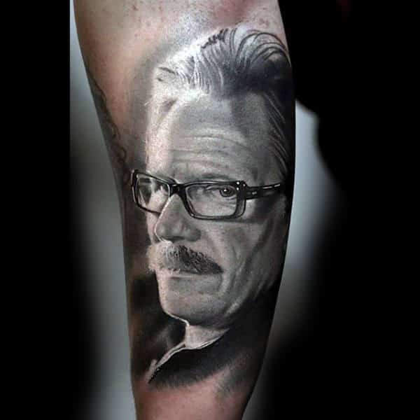 Black And White Realistic Portrait Of Man With Glasses Tattoo Forearms