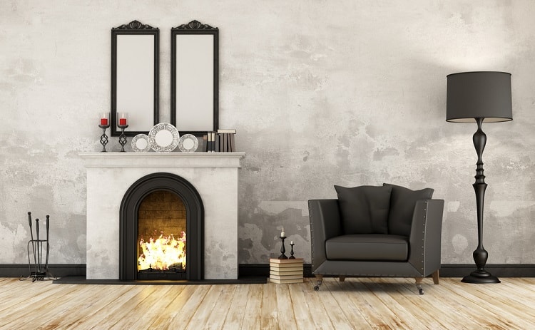 retro minimalist living room with concrete fireplace