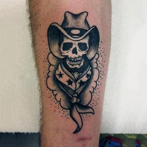 Black And White Sailor Jerry Tattoo Of Skull Cowboy For Guys