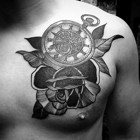 Black And White Shade Pocket Watch Tattoo On Chest For Guys
