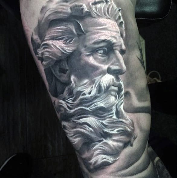 Black And White Tattoo Of Greek God Male Forearms