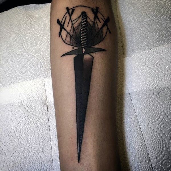 Black And White Tattoo Of Sharp Tool Mens Forearms