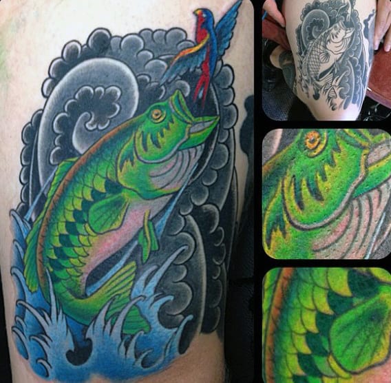 Black And White With Color Nature Bass Bird Vibrant Tattoo On Male
