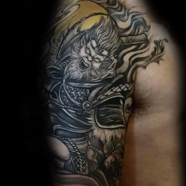 Black And Yellow Male Monkey King Half Sleeve Tattoos