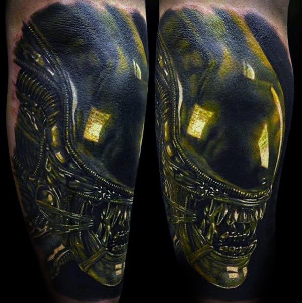 Black And Yellow Mens 3d Alien Tattoo Designs