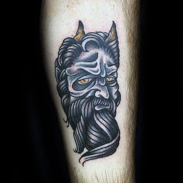 Black And Yellow Traditional Devil Guys Leg Tattoo