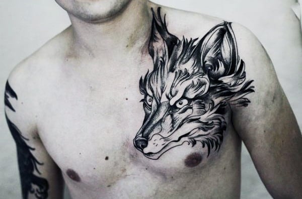 Black Angry Fox Head Tattoo Mens Chest