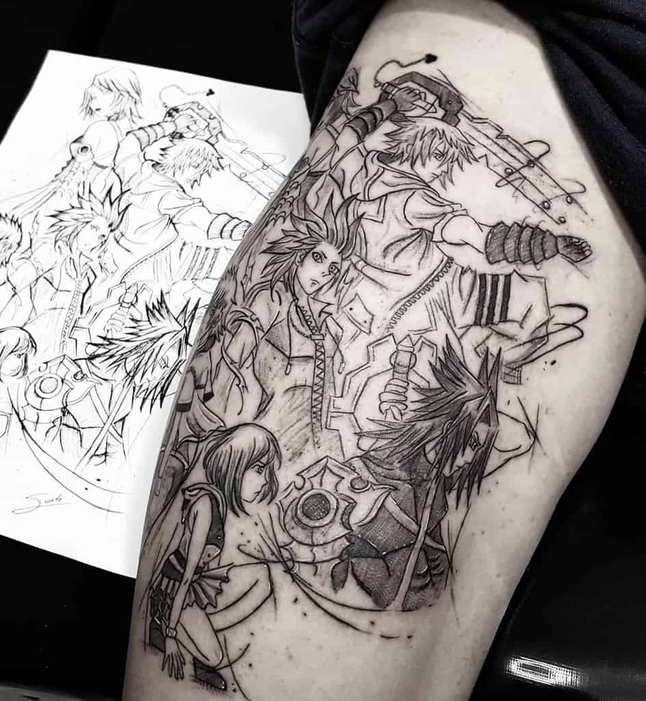 Highly detailed black ink Kingdom Hearts tattoo featuring Sora, Kairi, Roxas, Axel, and Riku, with intricate shading and linework.
