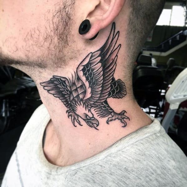 Black Bald Eagle Male Traditional Neck Tattoos