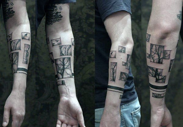 Black Band With Cube Tree Forearm Tattoo On Gentleman