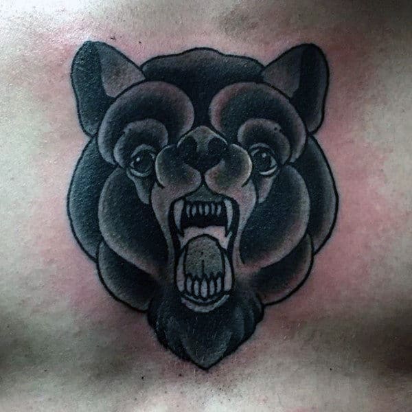 Black Bear Mens Traditional Tattoo Design On Upper Chest