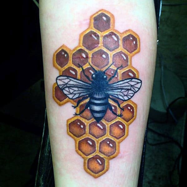Black Bee On Golden Honeycomb Tattoo Males Forearms