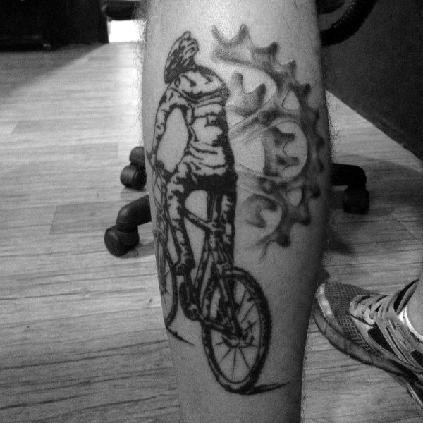Black Bicycle With Gear Logo Tattoo On Legs For Males