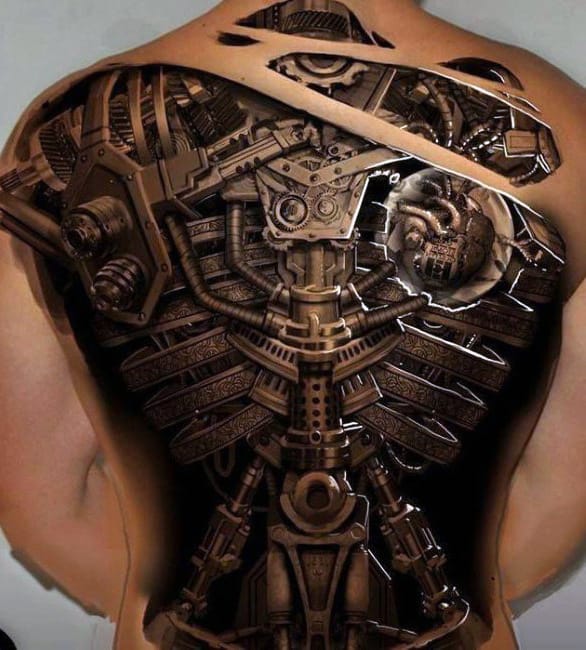 Tattoo of mechanical gears and machinery covering an entire back