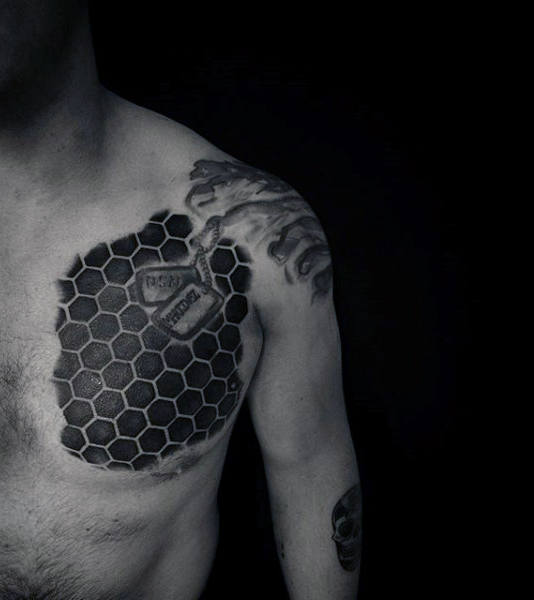 Black Block Colored Honeycomb With Chains Tattoo Mens Chest