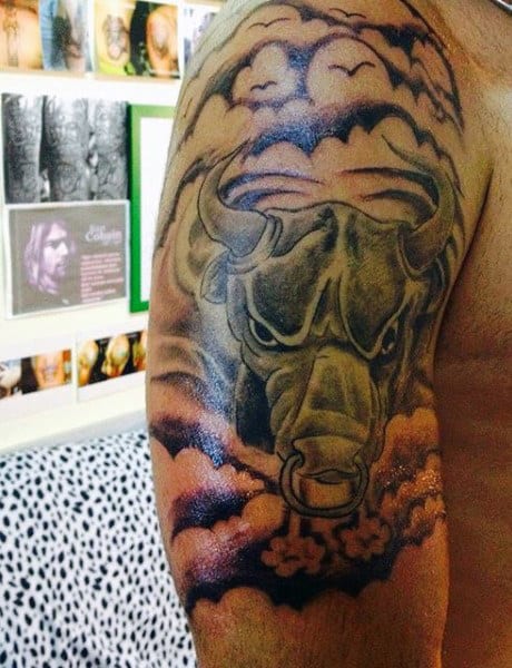 Smoking Black Bull Charging Animal Tattoo For Men