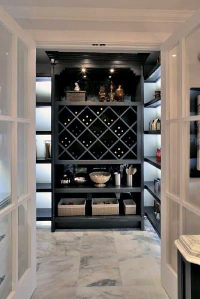 Modern pantry with wine rack, glass doors, illuminated shelves, marble floor, perfect for wine lovers