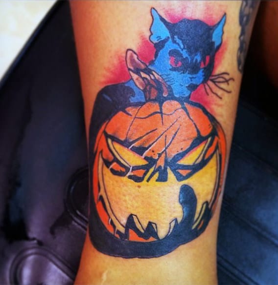 Black Cat With Pumpkin Mens Forearm Tattoo